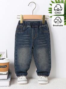 男童牛仔裤 春秋新款 简约实用 深蓝色水洗牛仔布 松紧腰带 舒适优质棉质牛仔布 日常基础款 上学装 度假棉质春秋装 儿童牛仔裤 男童长裤 - 深色水洗藍 - 查看 1