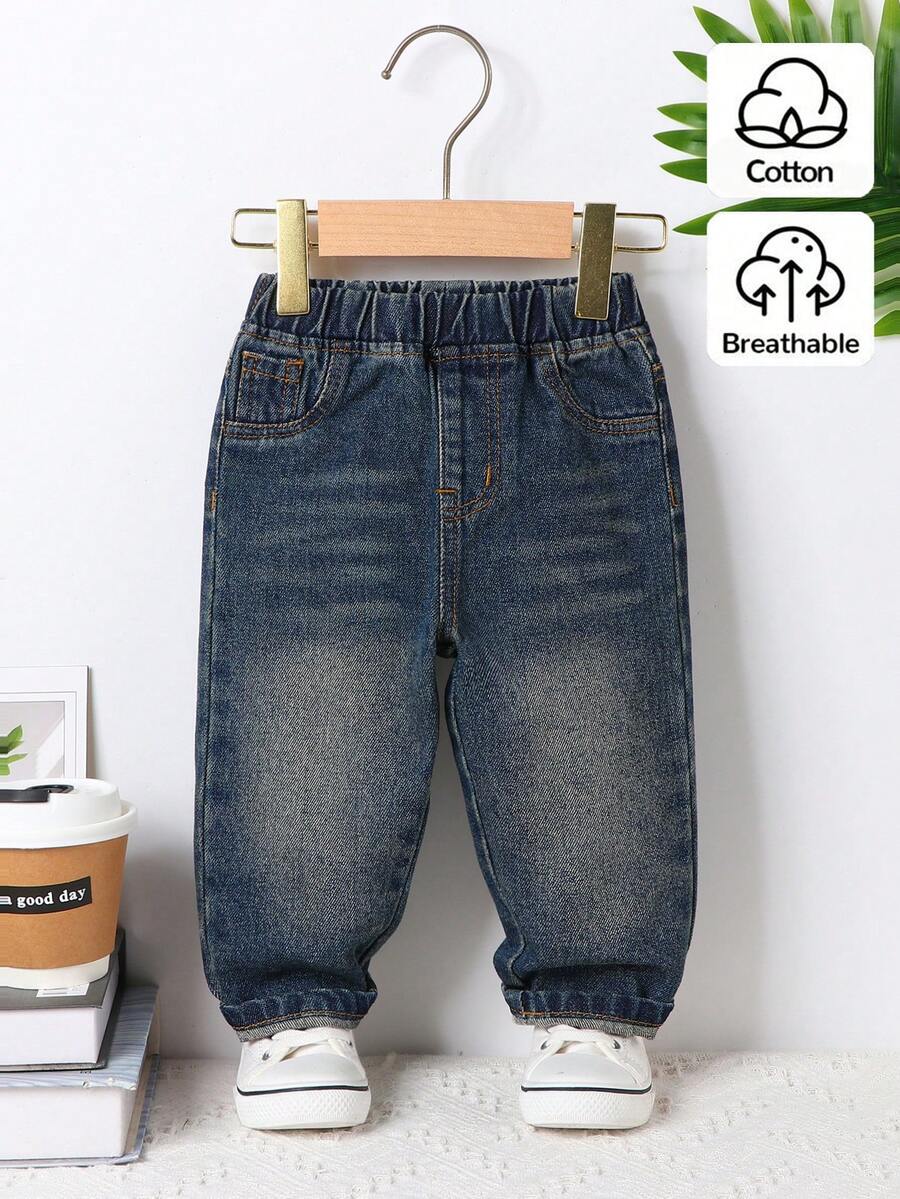 男童牛仔裤 春秋新款 简约实用 深蓝色水洗牛仔布 松紧腰带 舒适优质棉质牛仔布 日常基础款 上学装 度假棉质春秋装 儿童牛仔裤 男童长裤 - 深色水洗藍 - 查看 1