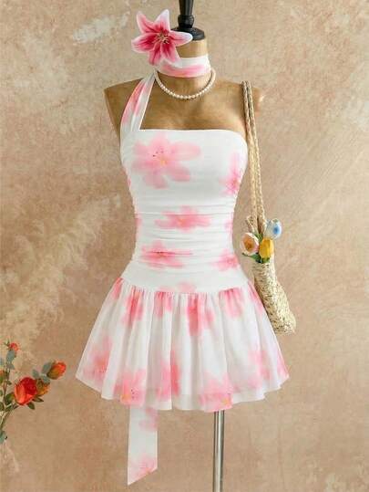 Sweetra Pink Lily Floral Mesh Print Bustier Backless Ruffle Waist Fitted Mini Dress, Women Spring/Summer Vacation Beach Elegant Sweet Cute Romantic Casual Everyday Wear Versatile