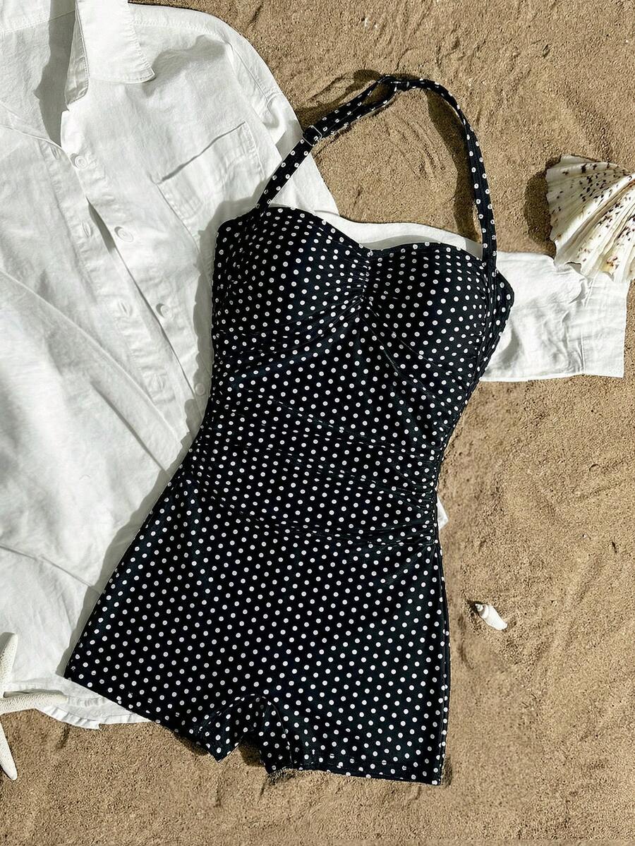 SHEIN Traje de baño de una pieza negro con escote halter y drapeado para adolescentes, traje de baño minimalista y ajustado - Multicolor - Ver 1