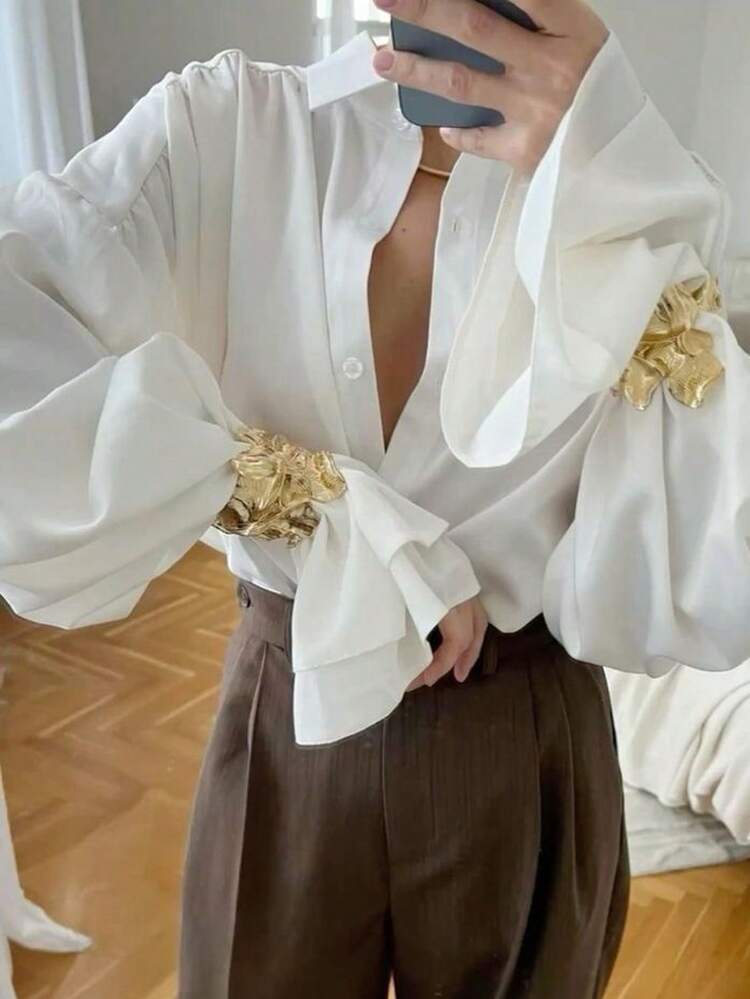 Women's Solid Color Drop Shoulder Long Sleeve Loose Front Button Fashion Shirt Summer