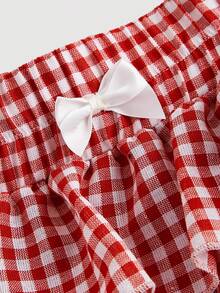 SHEIN MOD 大码休闲低腰格子紧身荷叶边女式超短裤返校服装女式蓝白平角短裤简约日常 - 紅白色 - 查看 3