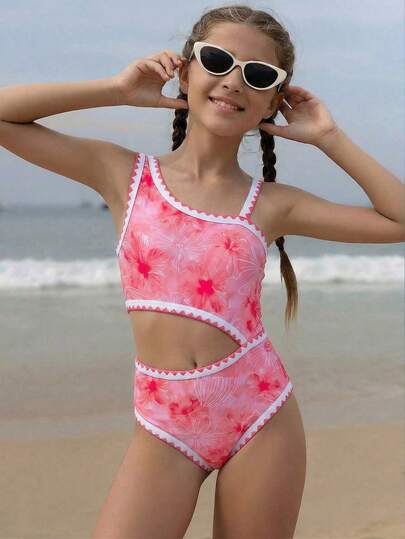 SHEIN Girls' Floral Print One-Piece Swimsuit, Pink Flower Pattern, Ruffle Trim, Suitable For Beach, Vacation, Summer Holiday Travel