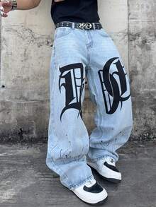 Manfinity EMRG Men's Letter Print Slant Pocket Loose Fit Casual Jeans - Light Wash - View 4