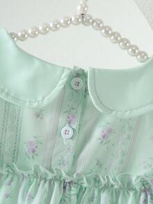 SHEIN Glamorique Kids 女婴优雅可爱刺绣彼得潘领背心短裤套装，适合夏季日常外出、度假和公园活动。 - 綠色 - 查看 4
