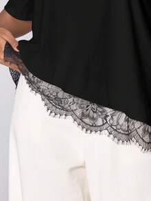 MUSERA Camiseta de talla grande con dobladillo de encaje, acentuada, para salir, fiesta de noche, primavera y verano, casual y sexy - Negro - Ver 2