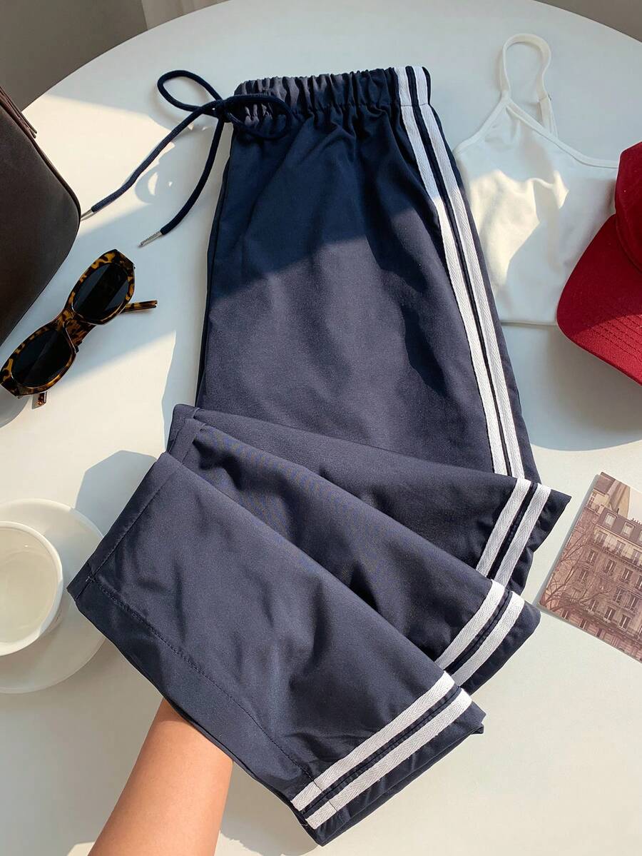 SHEIN EZwear 條紋圖案側腰部抽繩闊腿褲 - 藏蓝色 - 查看 1
