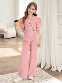 SHEIN 2件套女童花瓣袖西装上衣和直筒阔腿裤套装 - 粉色 - 查看 6