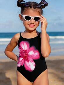 SHEIN Young Girls, Hibiscus, Frangipani, Beach Holiday, Casual Minimalist One Piece Swimsuit Suitable For Summer Beach, Young Girl Swimwear, Vacay Romance, Vacay Vibes - Black - View 4