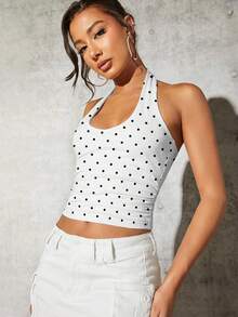 SHEIN BAE 95%纯棉白色露背短款上衣，饰以经典黑白波点印花——性感修身街头风，优雅时尚，弹力十足，四季皆宜的基础款吊带背心，适合春夏海滩度假、音乐节、锐舞派对、演唱会和外出活动。 - 彩色 - 查看 5