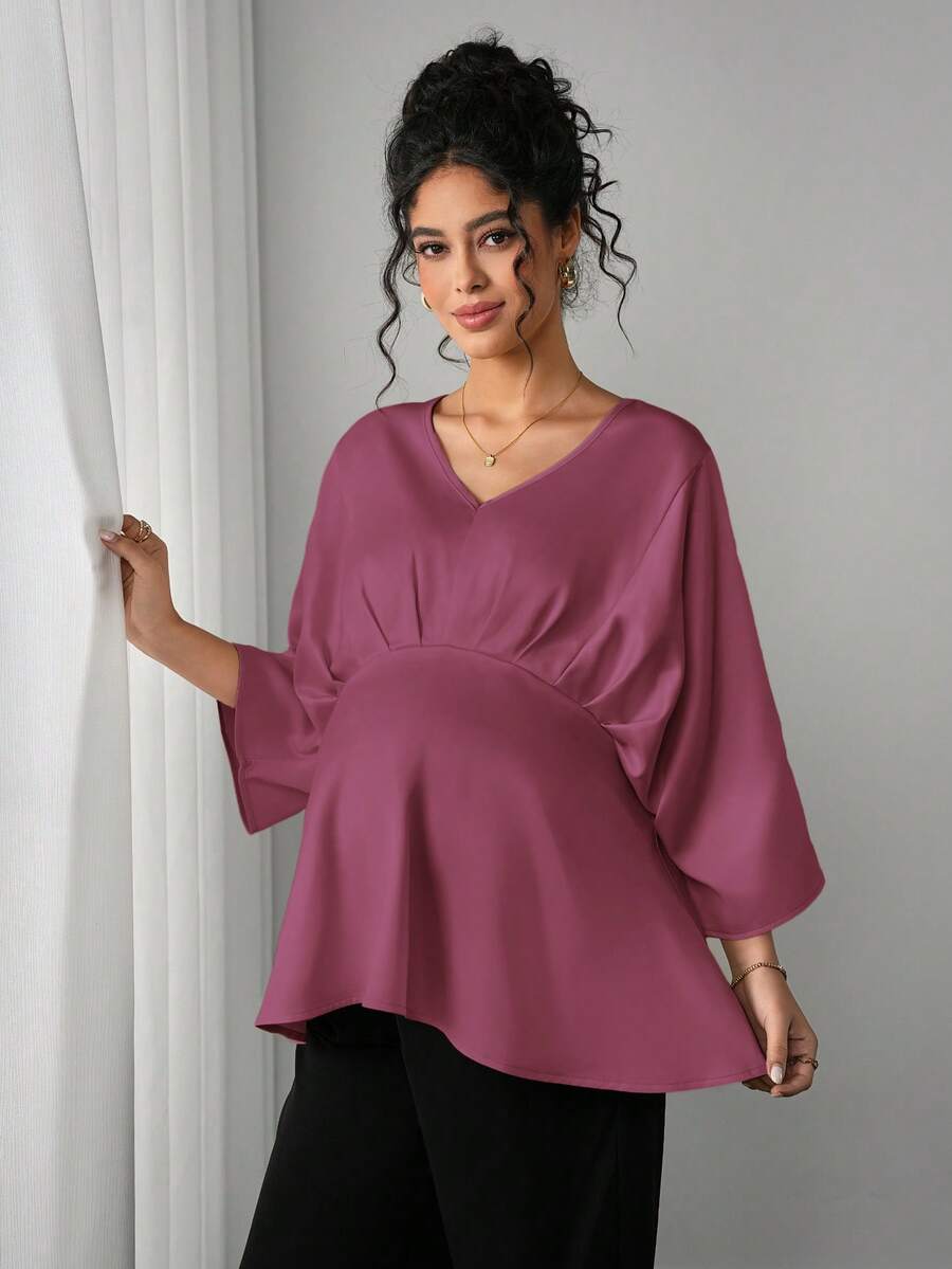 Momance Blusa con cuello en V, mangas de murciélago y volantes en el bajo para mujeres embarazadas de unicolor - Rojo violeta - Ver 1