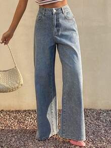 DAZY 女士宽松水钻印花牛仔裤 - 藍色 - 查看 1