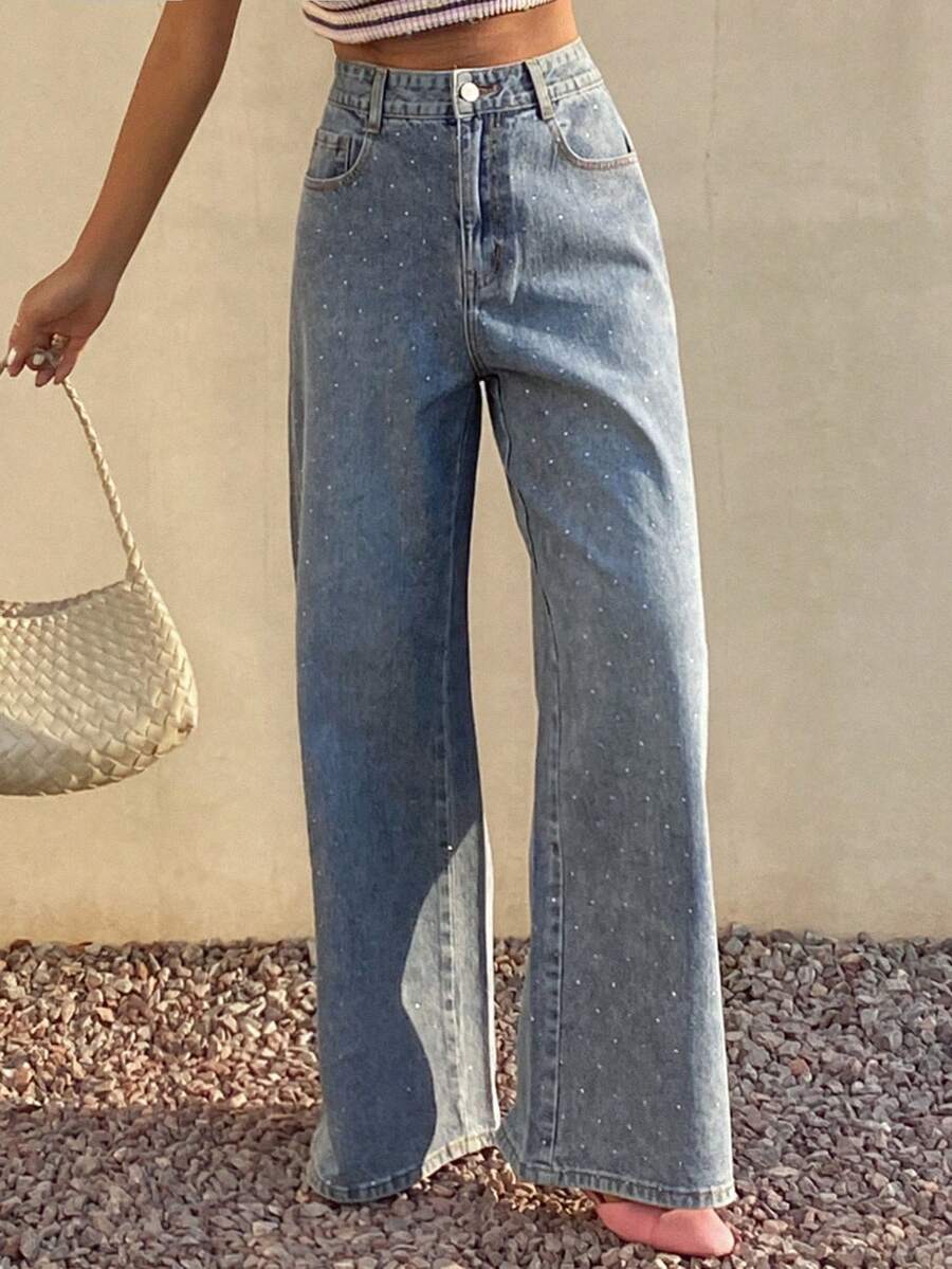 DAZY 女士宽松水钻印花牛仔裤 - 藍色 - 查看 1