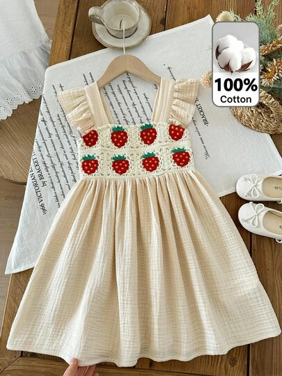 LMoss Kids Young Girl Woven Strawberry Pattern Square Neck Ruffle Hem Casual Dress