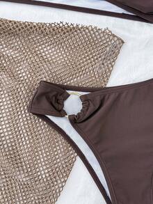 Kids Teen Girls 3 Pieces Tankini Set With Metal Ring Accent,Summer Beach Vacation Holiday Hawaii Coffee Brown Bikini Set With Mesh Cover Up Skirt - Coffee Brown - View 5