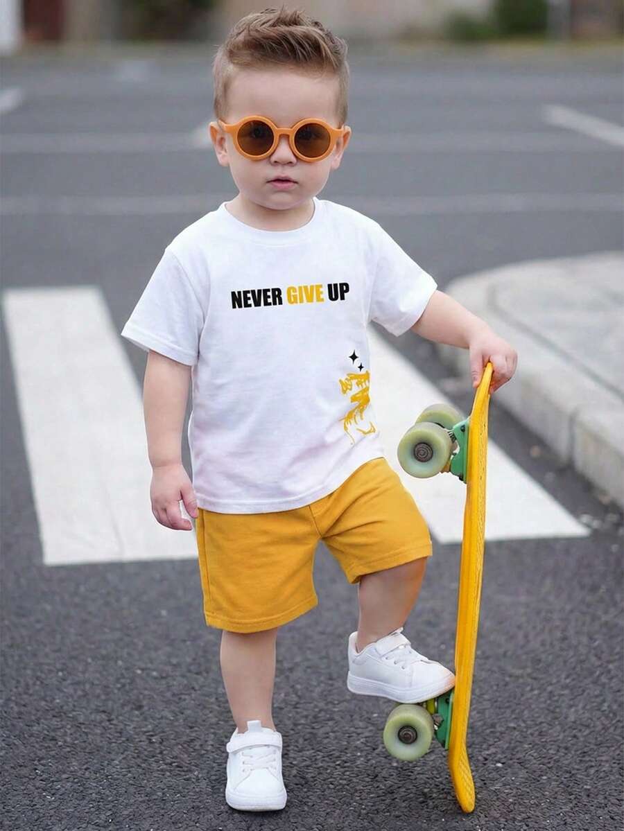 SHEIN 2pcs/Set Baby Boy/Girl White Summer Graphic Beach Outfit,Letter Print Crew Neck Top T-Shirt&Elastic Waist Shorts Set,Casual Sports Streetwear Style - Multicolor - View 1