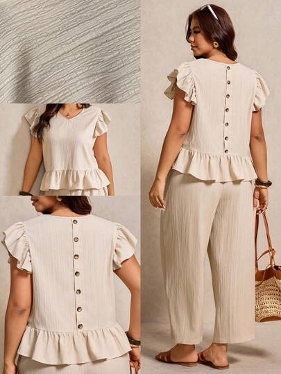 Elaquor Conjunto de 2 piezas de camisa y pantalones de talla grande, unicolor casual con ribete de volantes