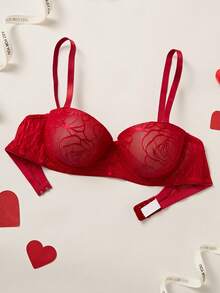 Elorette 1pc Push-Up 1/2 Cup Elegant Floral Print Red Comfortable Daily Wear Bra - Red - View 4