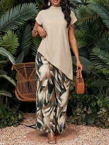 SHEIN Lady Bộ đồ thời trang nữ gồm áo vạt lệch và quần in họa tiết (2 món). - Nhiều màu - Xem 7