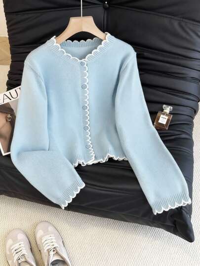 SHEIN Franclia Women's French Romantic Contrast Color Ruffle Trim Cardigan, Suitable For Commuting