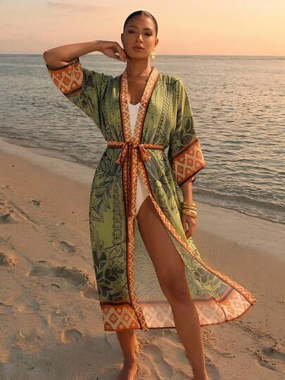 Amorya Elegante kimono con estampado de palma de coco verde para cubrir en la playa, atuendo de vacaciones para mujeres, ropa de playa, kimono para cubrir, ropa de playa, traje de baño bohemio para mujeres