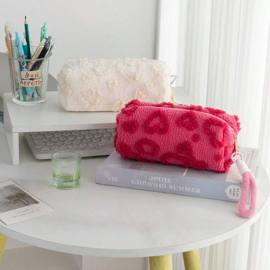 1 PC Heart Embossed Plush Cosmetic Bag, Cute & Stylish Large-Capacity Storage Bag, Multi-Functional Student Pencil Case & Sundries Organizer, Zippered Large-Opening Portable Travel Bag With Wrist Strap, Ideal For Women & Girls, Perfect For Daily Use & Back-To-School - Multicolor - View 1