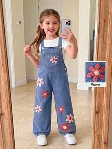 少女碎花图案宽松休闲无袖连体裤，夏季 - 藍色 - 查看 1