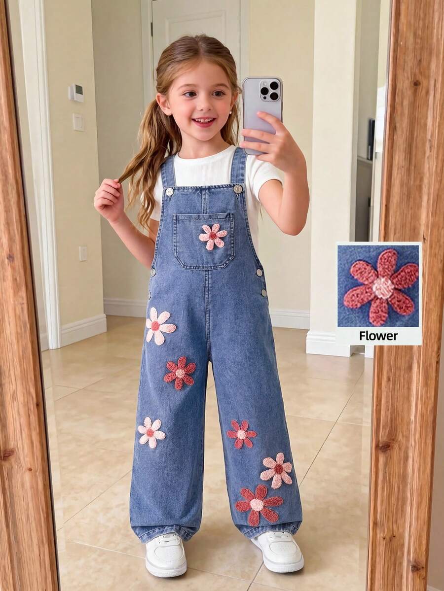 少女碎花图案宽松休闲无袖连体裤，夏季 - 藍色 - 查看 1