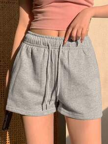 DAZY Quần short nữ dáng rộng, màu trơn, kiểu dáng thường ngày, thích hợp cho mùa hè. - Xám - Xem 9