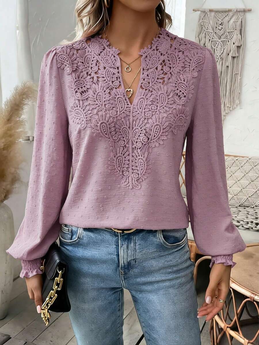 SHEIN Holidaya 女士纯色简约长袖衬衫,休闲日常穿着 - 紫色 - 查看 1