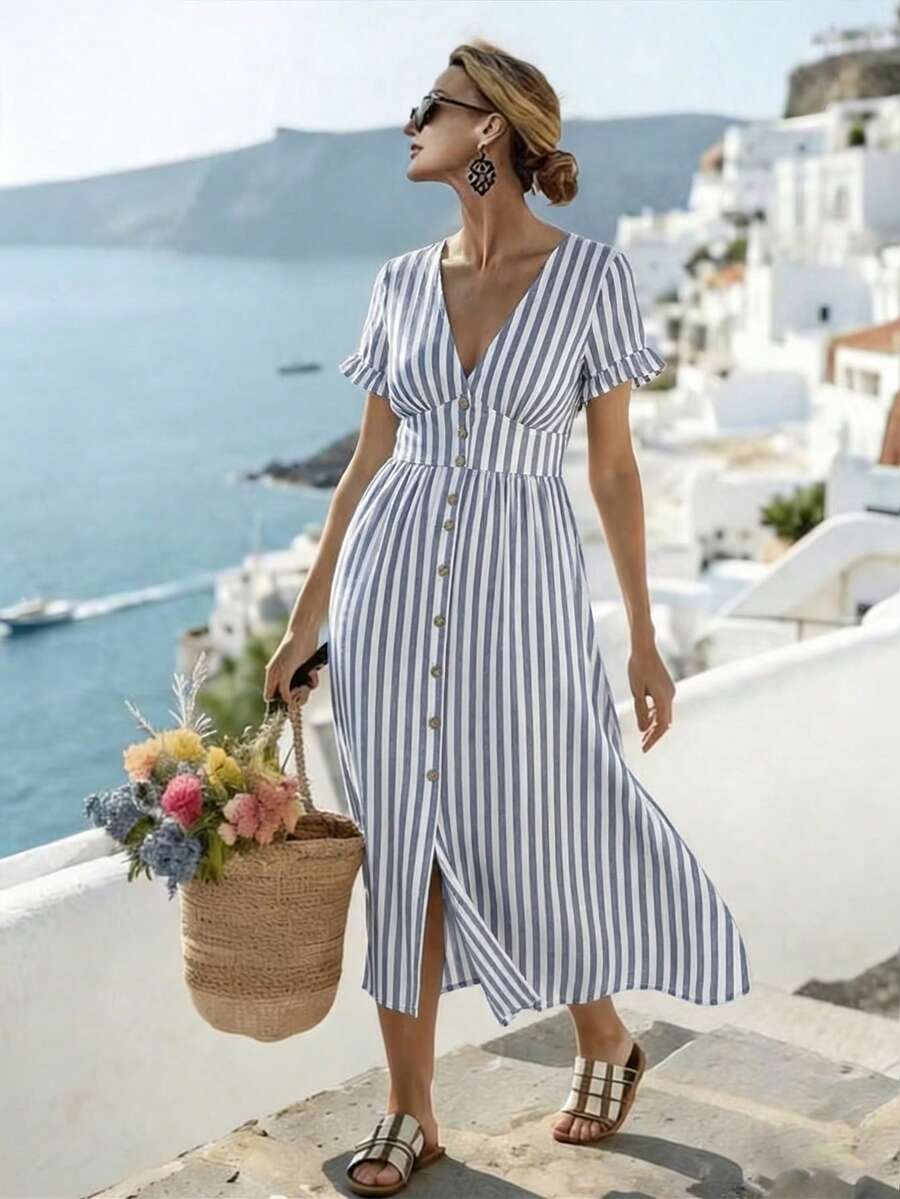Parysyn Plus Size White Blue Vertical Striped V-Neck Short Sleeve Ruffle Trim Button Front Midi Dress White Dress Blue Dress - Navy Blue - View 1