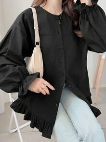 FRIFUL Áo sơ mi nữ màu trơn cổ tròn tay dài viền bèo cài một hàng khuy kiểu dáng thường ngày mùa hè - màu đen - Xem 6