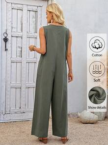 EMERY ROSE Bộ áo liền quần không tay ống rộng màu trơn phong cách boho cho nữ, trang phục thường ngày cho nữ, áo liền quần mùa hè cho nữ, quần yếm boho cho nữ, áo liền quần ống rộng cho nữ, trang phục mùa hè cho nữ, trang phục nghỉ hè. - xanh quân đội - Xem 2