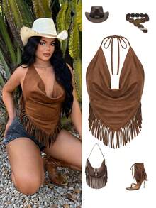 SHEIN SXY Áo hở lưng cổ yếm bằng da lộn kiểu BOHO miền Tây với tua rua - Cà phê nâu - Xem 6