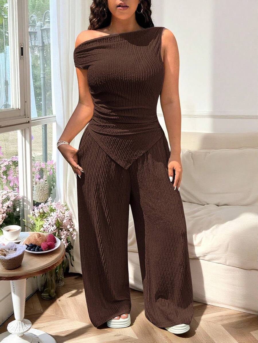 CovetEZ 2pcs Plus Size Women Textured Jacquard Asymmetric Top And Pants Set, Coffee Brown, Spring/Summer, Summer Outfits Two Piece Wide Leg Knit - Coffee Brown - View 1