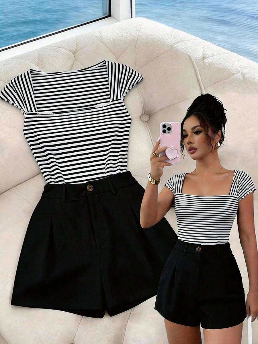 Franclia 女士休闲通勤条纹短袖上衣和黑色短裤两件套，简约风格，适合春夏穿着 - 黑色 - 查看 1