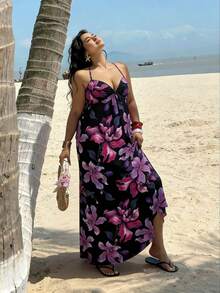 Sunnyshic Spring/Summer Fashion Vacation Elegant Floral Print Elastic Knit Halter Neck Tie Camisole Paired With A-Line Umbrella Maxi Skirt Sexy 2 Pieces Outfit, Backless Beach Women Outfits - Multicolor - View 5