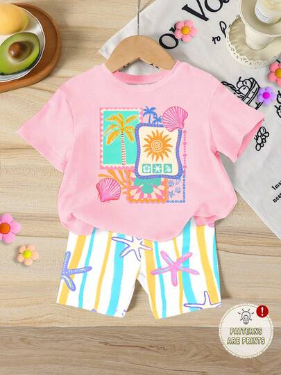 2pcs/Set Young Girls' Casual Sweet Beach Vacation Style, Short Sleeve T-Shirt + Tight Shorts Set, Dopamine Stripe + Colorful Starfish Leggings Shorts, Suitable For Spring/Summer 4-7 Years Old Girls, Seashell Wave Print Pink T-Shirt, Not Only Excellent Wearing Performance, But Also Bold And Fashionable Design, Vacation Style, Adding Softness And Skin-Friendly Feel. Minimalist Yet Stylish, Making Kids The Spotlight In Spring And Summer