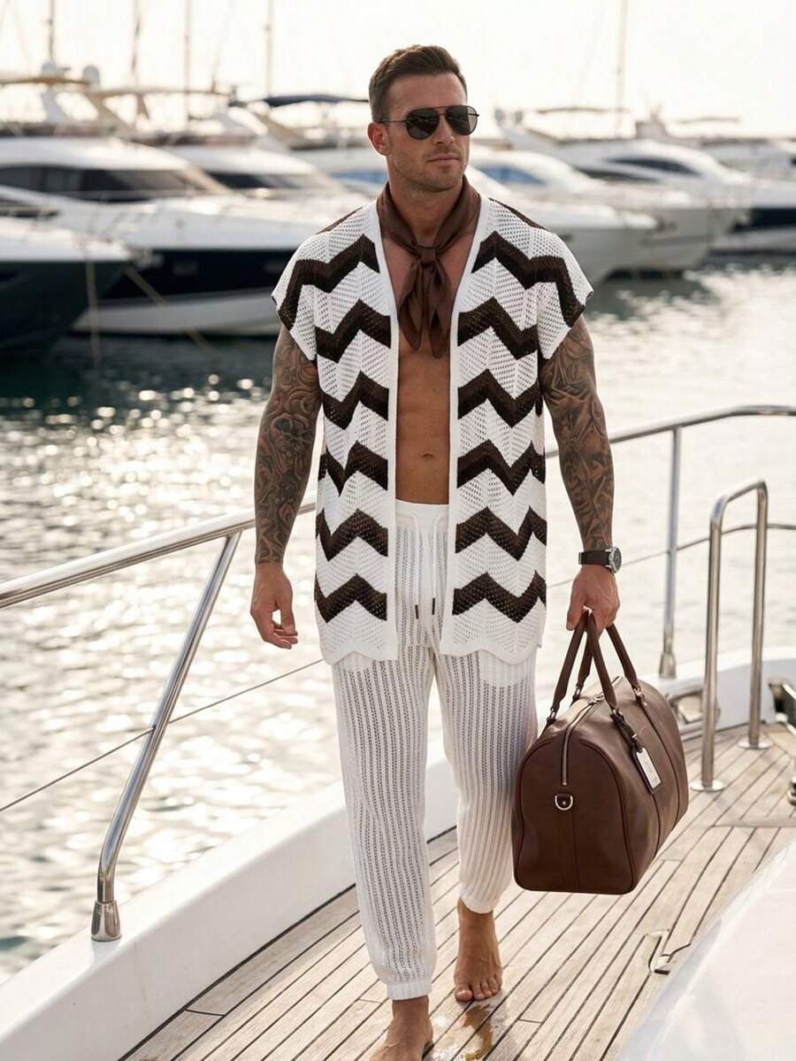 Genlund Men's Striped Print V-Neck Button Front Casual Short Sleeve Cardigan, Holiday - Multicolor - View 1