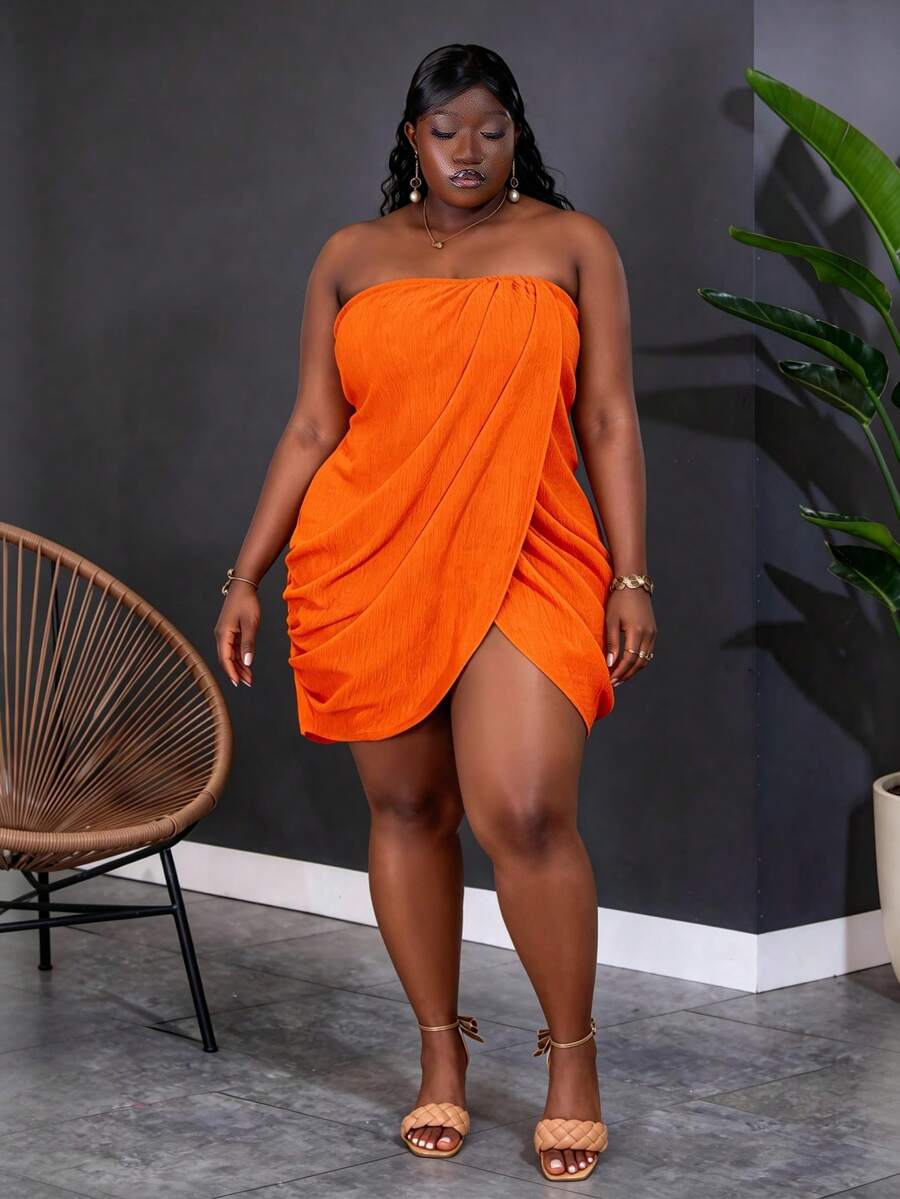 CurvyTilda Plus Size Women Green Textured Strapless Bodycon Mini Dress, Suitable For Holiday, Sexy, Beach, Party Elegant Summer - Orange - View 1