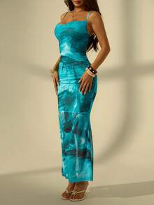 SHEIN PETITE 女士扎染印花修身连衣裙，度假风 - 綠色 - 查看 6