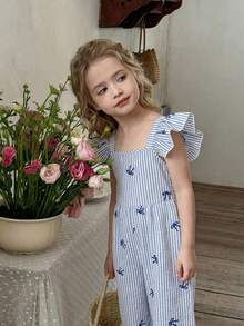 Emery Rose Kids Emery Rose Kids 女童编织条纹蝴蝶结装饰荷叶边下摆休闲连体裤 - 彩色 - 查看 4