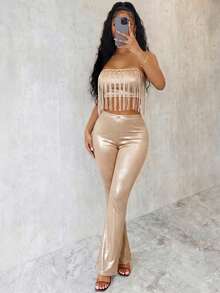 Eryvara 女士时尚优雅流苏装饰抹胸上衣+高腰修身喇叭裤两件套，春夏款 - 香檳色 - 查看 1