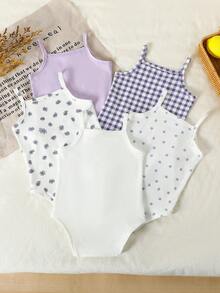 SHEIN 5件套女婴夏季碎花格子图案针织无袖连体衣 - 彩色 - 查看 2