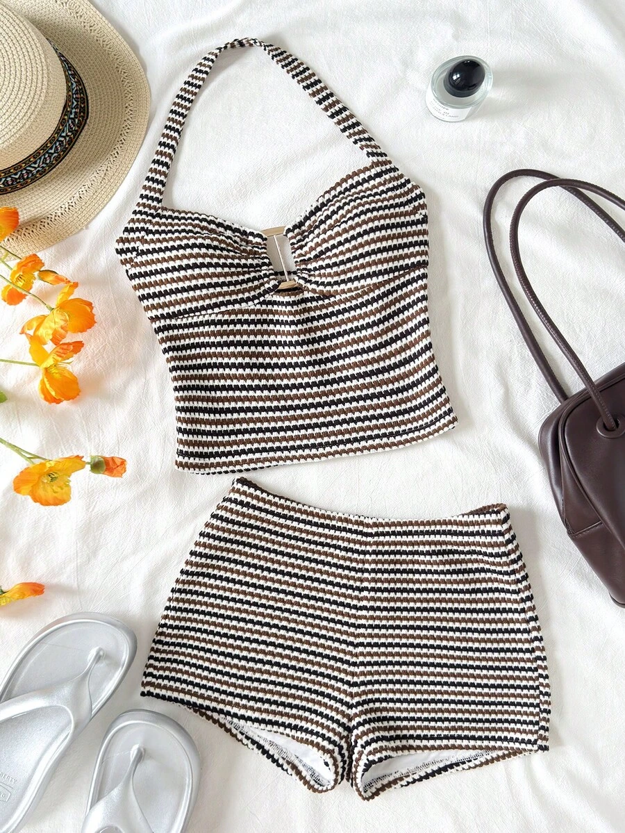 SHEIN Bộ đồ hai mảnh cho bé gái tuổi teen gồm áo hai dây và quần short siêu ngắn, màu hồng, chất liệu mềm mại, thích hợp cho kỳ nghỉ hè, ở nhà và các dịp thiếu niên. - màu đen - Xem 1