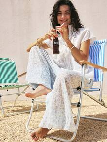 EMERY ROSE 新款度假优雅短袖衬衫，宽松版型，布料袖子，肩部缝合袖口，适合度假、旅行、日常穿着。夏季女式白色衬衫，蕾丝衬衫，女士上衣和衬衫，优雅高贵波西米亚风衬衫。 - 白色 - 查看 4