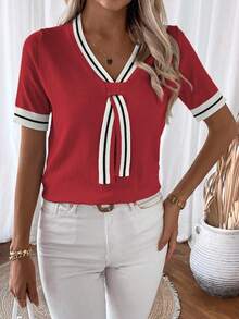 EMERY ROSE Women's Casual Everyday/Work Commute Contrast Stripe Pattern Twist Collar Short Sleeve Knit Top, Summer - Multicolor - View 3