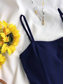 SHEIN Bộ áo liền quần cho bé gái tuổi teen, màu xanh dương, chất liệu chiffon có họa tiết, xếp lớp, bèo nhún và thắt eo, kiểu dáng thoải mái cho kỳ nghỉ xuân hè. - Màu xanh hải quân - Xem 5