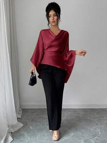Rafferiza Women's Elegant Casual Loose Collar Blouse - Burgundy - View 4
