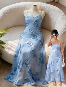 Elenzga 大码女士优雅刺绣网纱吊带裙 - 藍色 - 查看 4